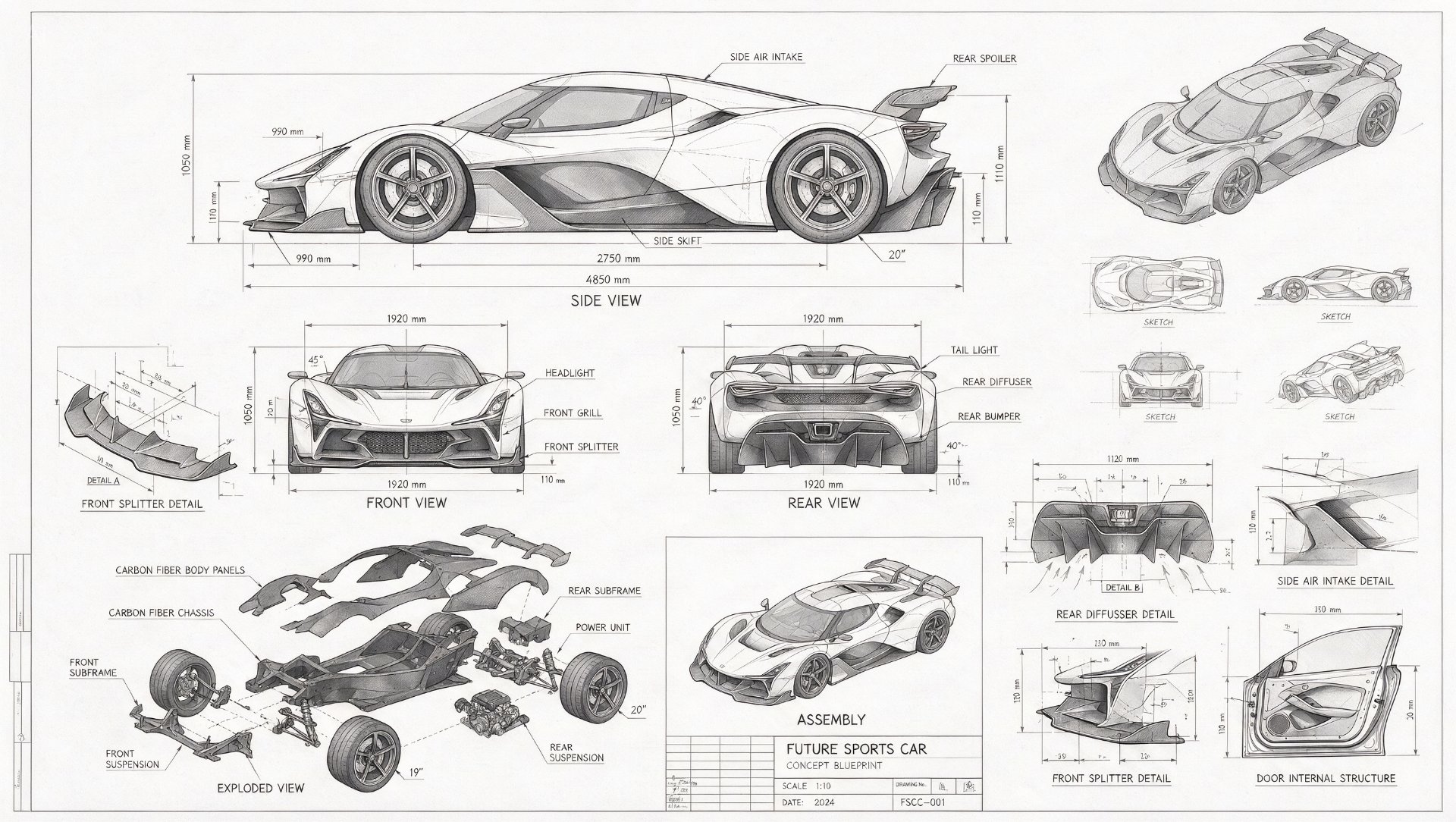 Seedream 5.0 Pro example: concept sports car blueprint with side/front/rear/exploded views