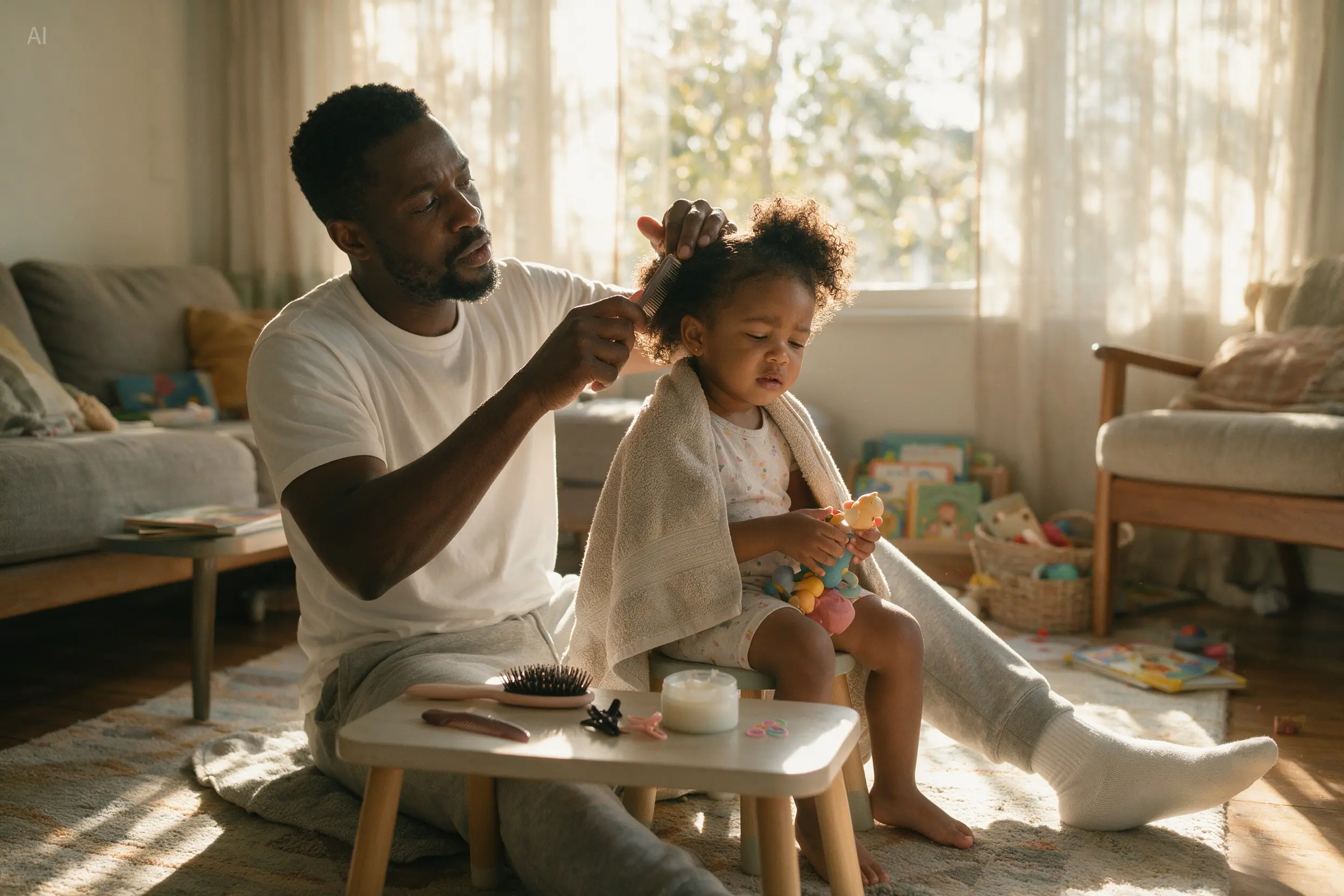 Seedream 5.0 Pro example: father combing his daughter's hair in sunlit living room