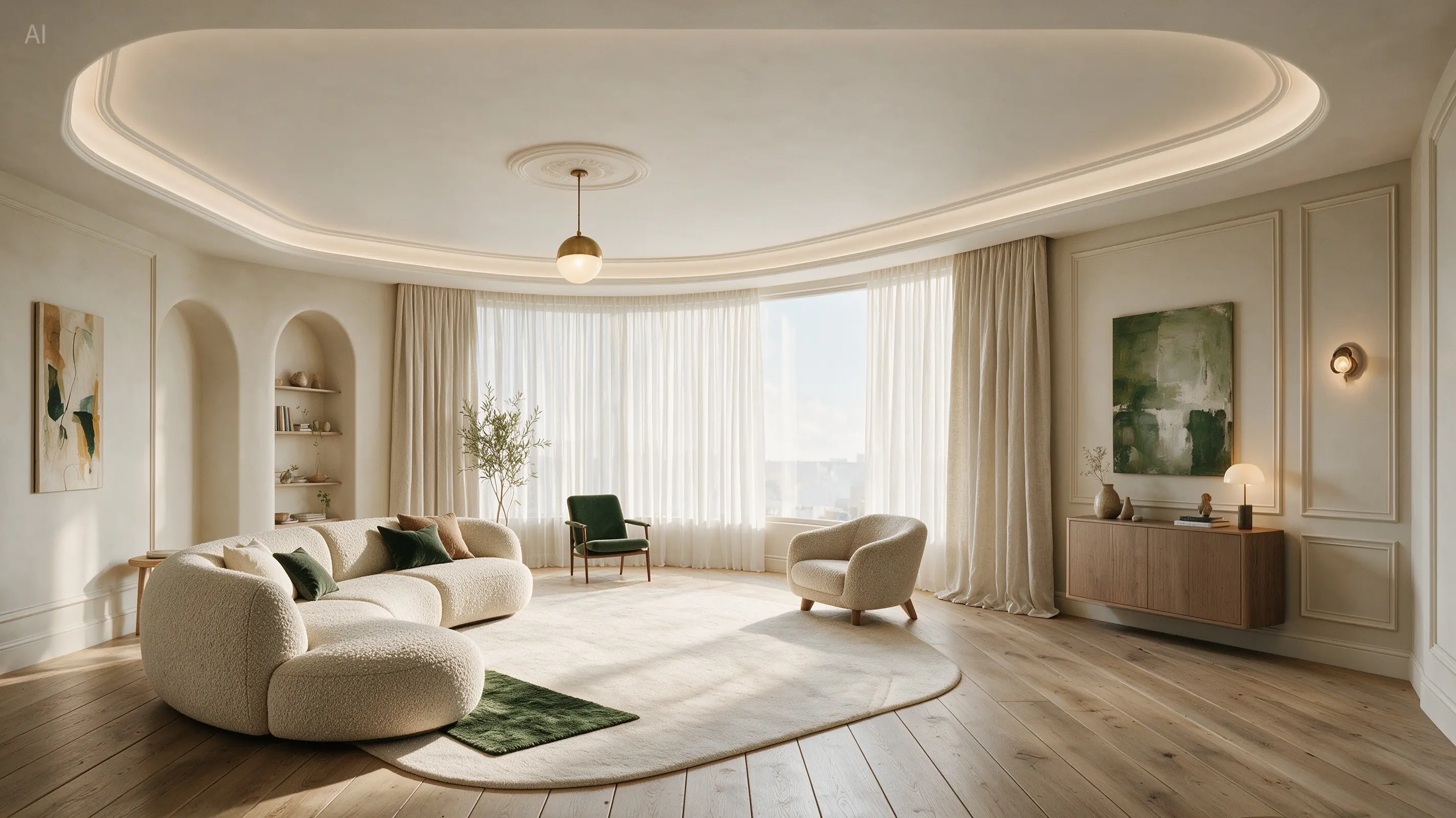 Seedream 5.0 Pro example: French cream-toned living room with curved ceiling and sheer curtains