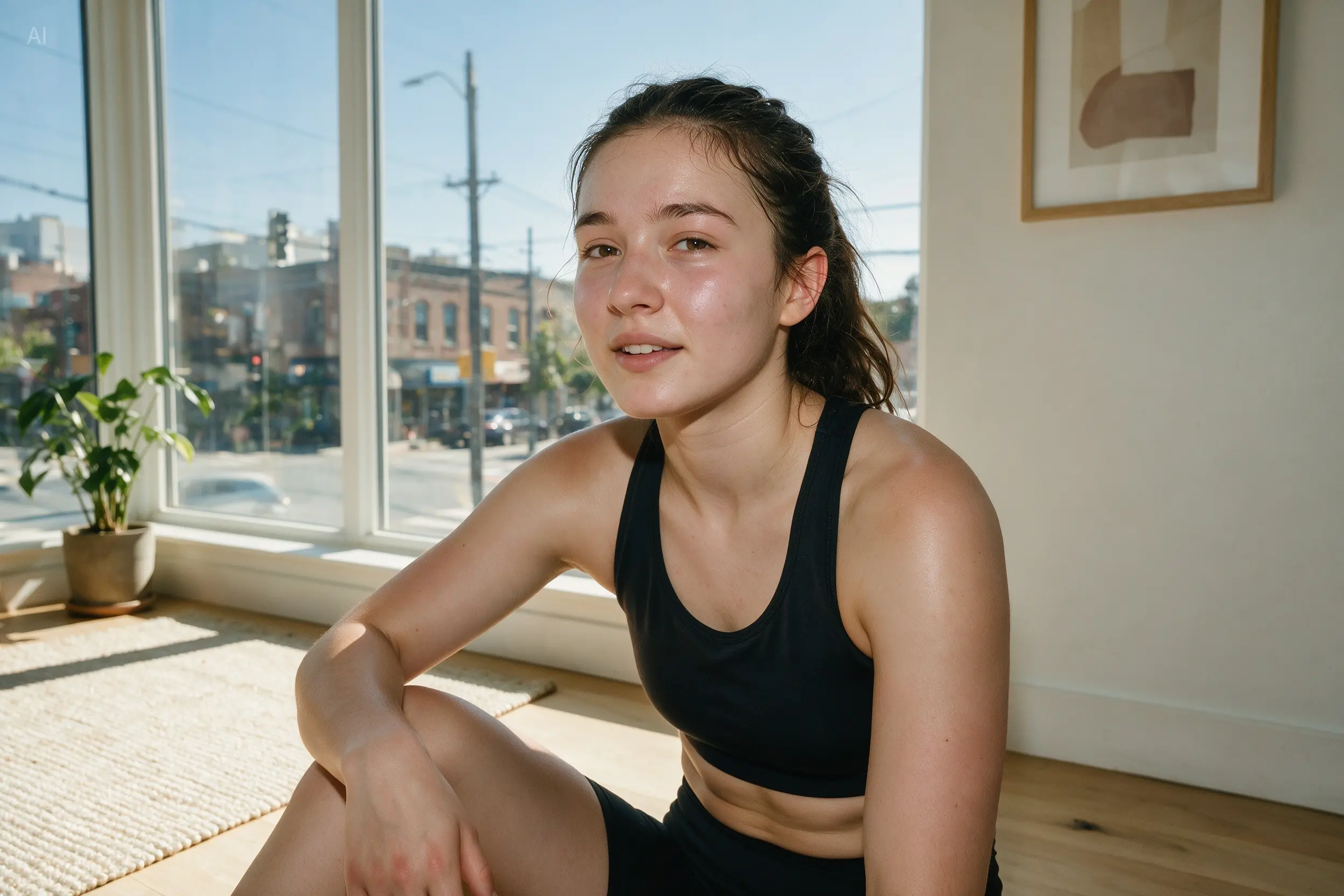 Seedream 5.0 Pro example: athletic woman portrait in front of large window with city view
