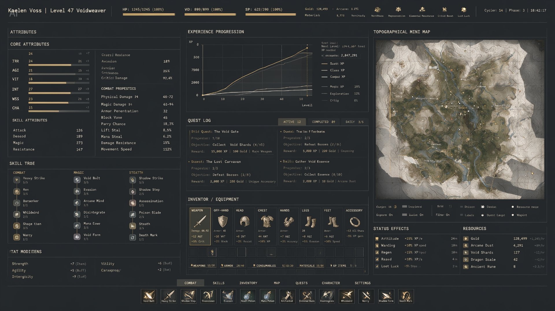 Seedream 5.0 Pro example: RPG character stats panel with attributes, skills, quest log and minimap