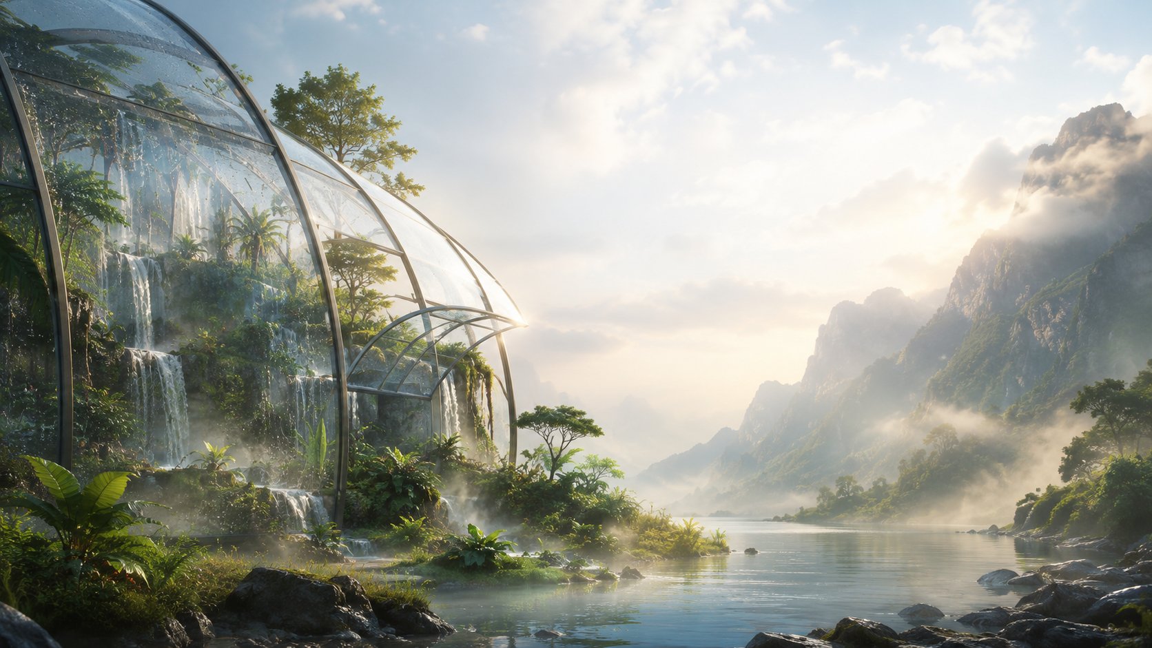 Futuristic greenhouse dome by a misty mountain lake at golden hour