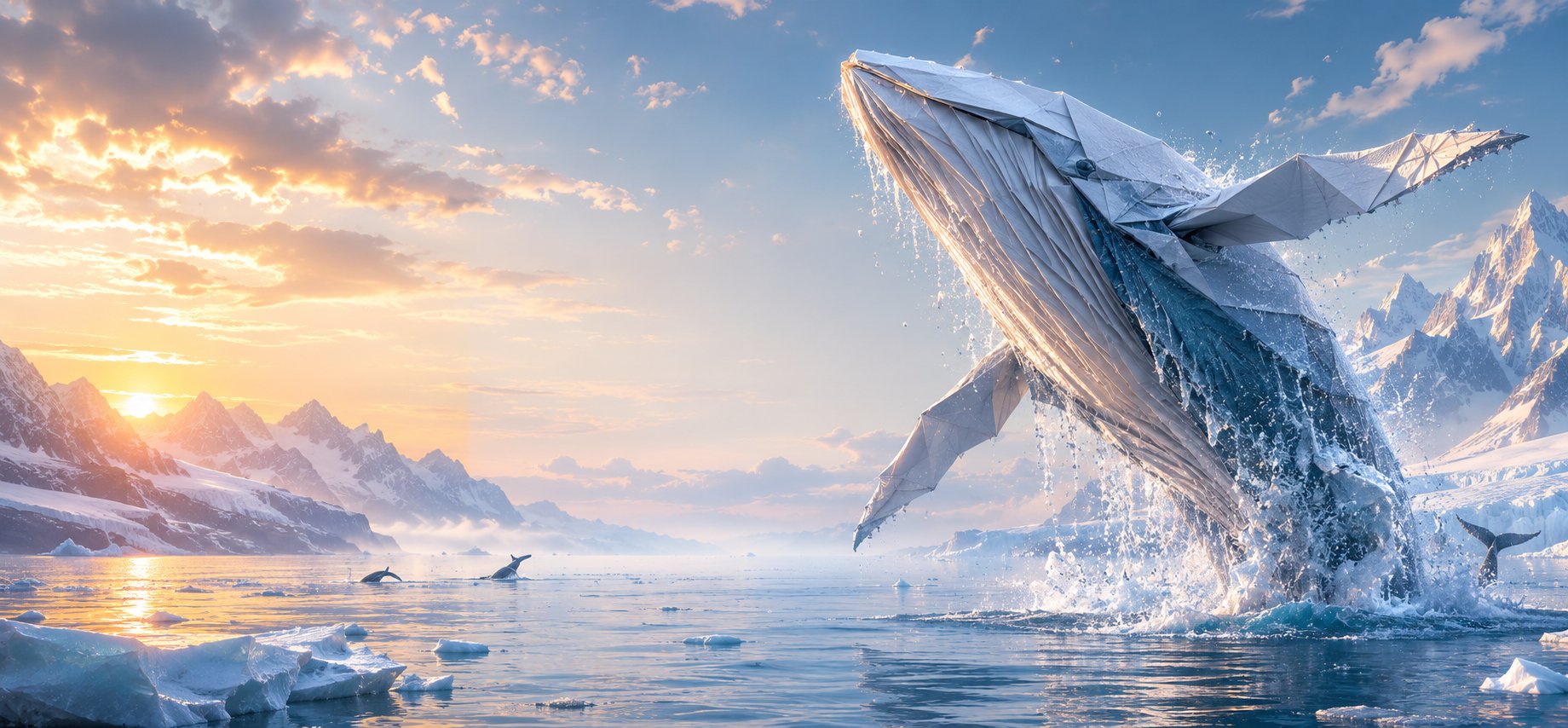 Massive origami whale breaching from arctic waters at sunset